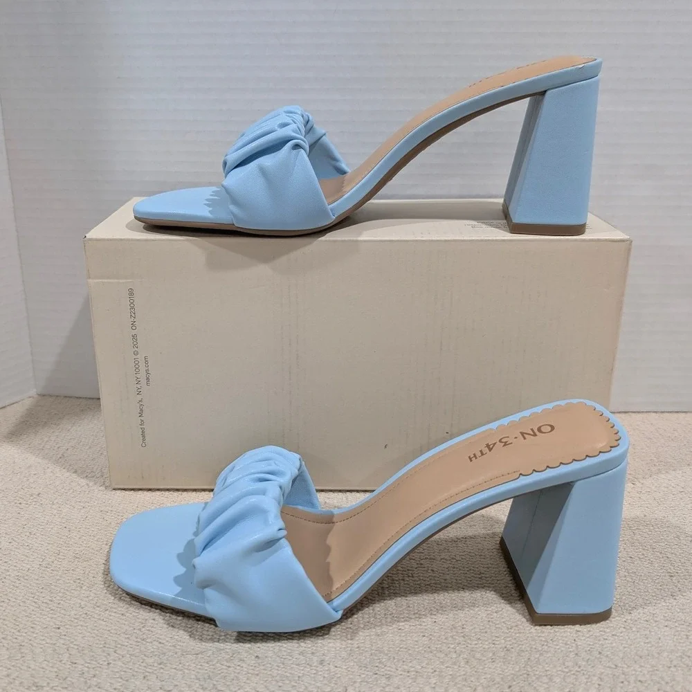 On 34th Sallieep Blue Ruched Block Heel Square Toe Slide Sandals 8.5 M